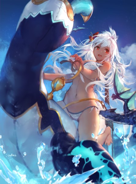 Anime picture 2185x2953 with granblue fantasy the order grande swd3e2 single long hair tall image highres open mouth light erotic red eyes looking away sky cloud (clouds) white hair barefoot dark skin fantasy girl swimsuit bikini