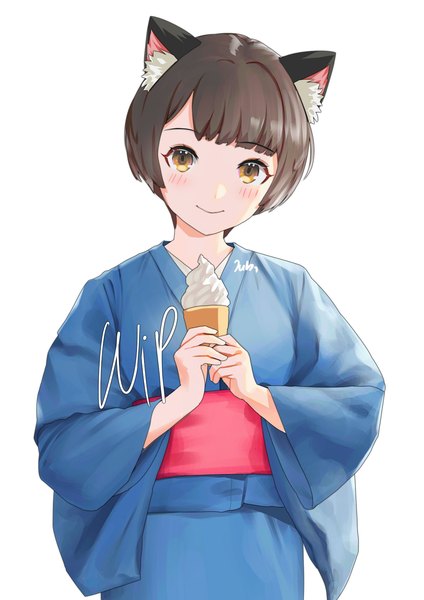 Anime picture 1448x2048 with original hana (jubi) jubi (regiana) single tall image looking at viewer short hair simple background smile brown hair white background holding brown eyes signed animal ears traditional clothes japanese clothes cat ears girl food