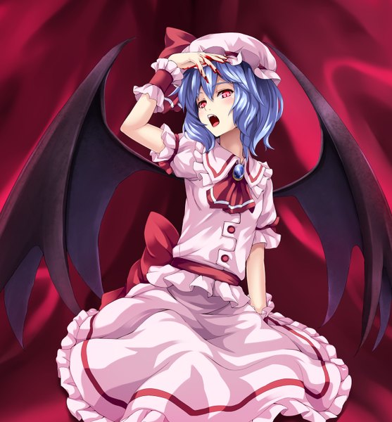 Anime picture 1300x1400 with touhou remilia scarlet asu hare single tall image short hair open mouth red eyes blue hair teeth fang (fangs) girl dress skirt wings frills blood bonnet skirt set brooch