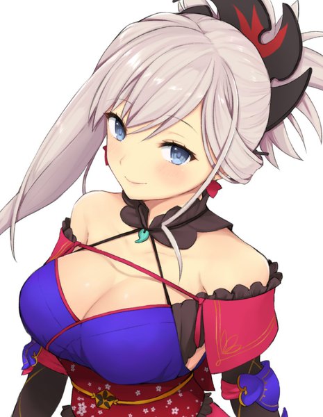 Anime picture 903x1166 with fate (series) fate/grand order miyamoto musashi (fate) ito (silk9f) single long hair tall image looking at viewer blush fringe breasts simple background smile large breasts white background cleavage head tilt grey hair girl hair ornament