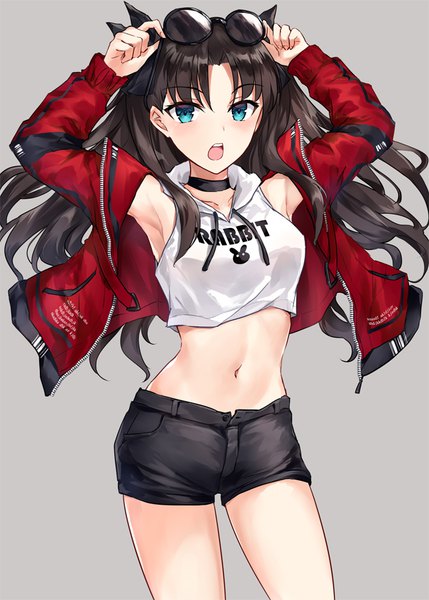 Anime picture 666x932 with fate (series) fate/stay night toosaka rin asle single long hair tall image looking at viewer blush fringe breasts open mouth blue eyes black hair simple background hair between eyes standing long sleeves off shoulder grey background