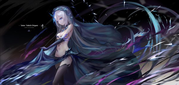 Anime picture 1920x917 with date a live tobiichi origami wangchuan de quanyan single fringe highres breasts blue eyes light erotic simple background hair between eyes wide image large breasts standing bare shoulders looking away silver hair very long hair multicolored hair two-tone hair