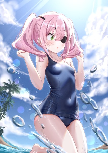Anime picture 2000x2829 with spy kyoushitsu annette (spy kyoushitsu) fluno single long hair tall image blush fringe highres light erotic hair between eyes twintails green eyes looking away pink hair sky cloud (clouds) :o sparkle lens flare