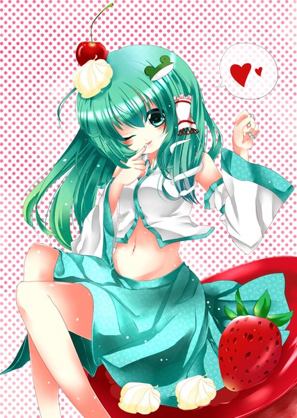 Anime picture 2550x3585 with touhou kochiya sanae long hair tall image blush highres green eyes one eye closed green hair wink midriff finger to mouth girl skirt navel hair ornament detached sleeves miniskirt food heart