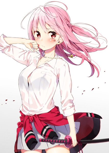 Anime picture 893x1253 with original sakuragi ren single long hair tall image blush fringe light erotic simple background hair between eyes red eyes standing white background looking away pink hair ahoge braid (braids) pleated skirt arm up wind