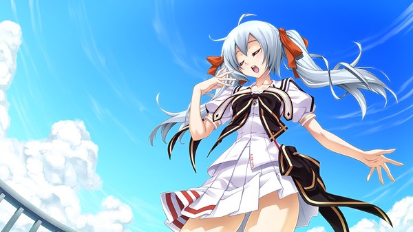 Anime picture 1280x720 with love replica atou rin long hair blush open mouth wide image twintails game cg sky cloud (clouds) white hair eyes closed girl uniform school uniform