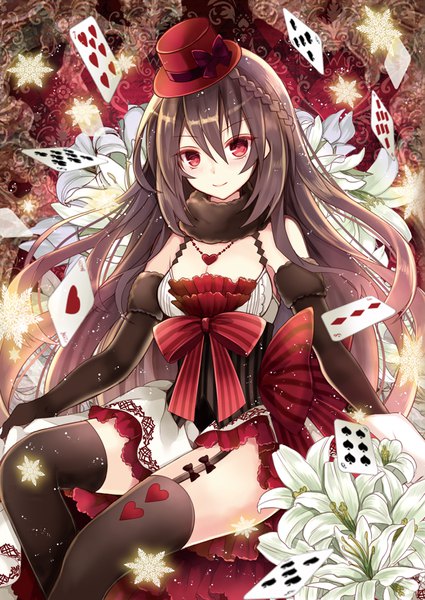 Anime picture 708x1000 with original nozomi fuuten single tall image looking at viewer fringe hair between eyes red eyes brown hair very long hair girl thighhighs dress gloves flower (flowers) bow black thighhighs hat black gloves elbow gloves