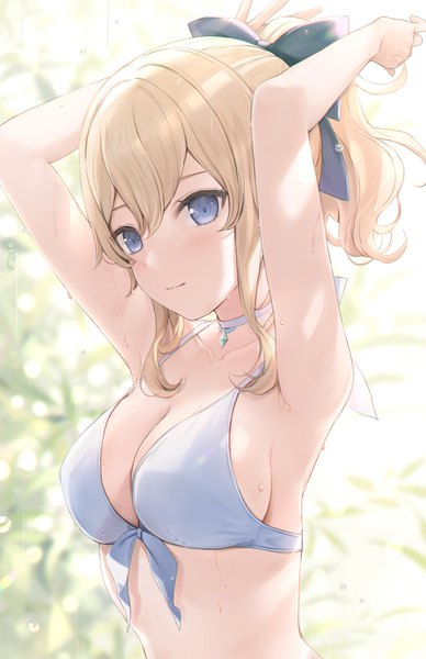 Anime picture 750x1160 with genshin impact jean gunnhildr 6u (eternal land) single long hair tall image looking at viewer blush fringe breasts blue eyes light erotic blonde hair hair between eyes large breasts payot cleavage upper body ponytail blurry