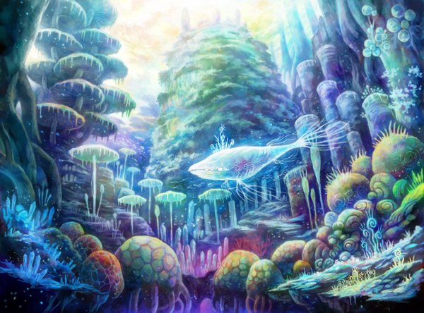 Anime picture 2480x1837 with original kemi neko highres underwater plant (plants) water bubble (bubbles) fish (fishes) mushroom (mushrooms) whale coral