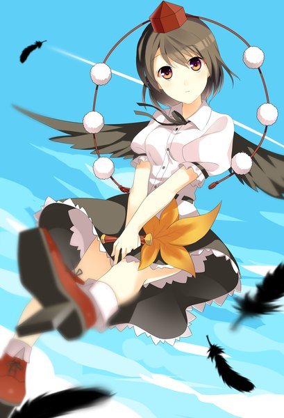 Anime picture 1500x2200 with touhou shameimaru aya garigarigari single tall image looking at viewer short hair red eyes brown hair sky full body head tilt puffy sleeves flying black wings girl wings feather (feathers) fan tokin hat