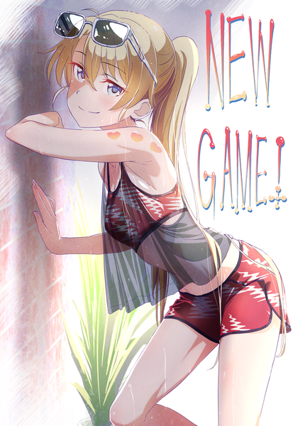 Anime picture 1860x2700 with new game! doga kobo yagami kou pink x single long hair tall image looking at viewer blush fringe highres breasts blue eyes light erotic blonde hair smile hair between eyes standing ponytail head tilt