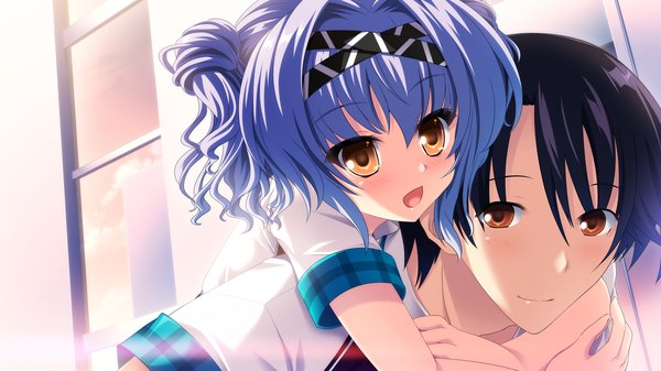 イラスト 2560x1440 と cocoro@function! shirakusa mebae 赤面 highres 短い髪 開いた口 黒髪 wide image 茶目 青い髪 game cg couple 女の子 男性 制服 学生服 ヘアバンド