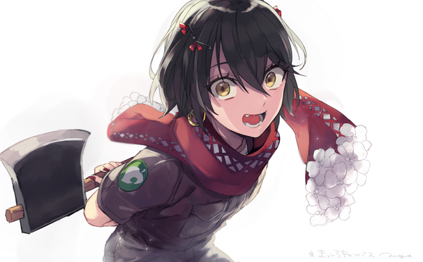 Anime picture 1300x807 with virtual youtuber nijisanji mashiro (nijisanji) mogayama single looking at viewer fringe short hair open mouth black hair simple background hair between eyes wide image white background yellow eyes :d hands behind back androgynous boy weapon