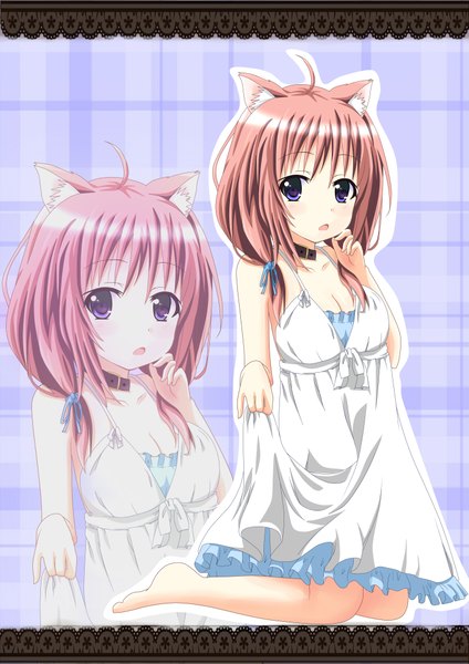 Anime picture 2893x4092 with original saku (kudrove) tall image highres short hair open mouth purple eyes animal ears pink hair barefoot cat ears zoom layer girl dress