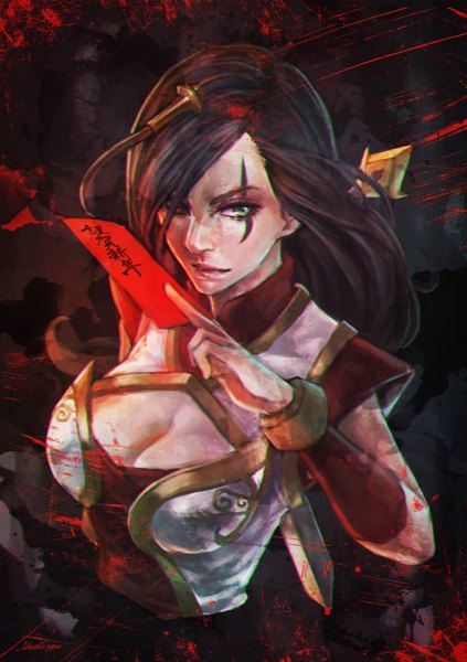 Anime picture 2474x3508 with league of legends katarina (league of legends) monori rogue single long hair tall image fringe highres breasts black hair large breasts green eyes looking away upper body from above hair over one eye facial mark scar girl