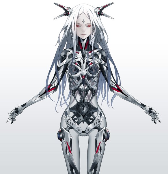 Anime picture 1280x1319 with beatless redjuice single long hair tall image looking at viewer smile red eyes standing white hair grey background facial mark spread arms skeleton white skin girl hair ornament hairclip android