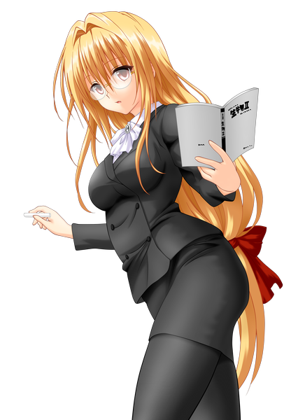 Anime picture 3468x5000 with toloveru toloveru darkness xebec tearju lunatique single long hair tall image highres blonde hair red eyes absurdres transparent background vector teacher girl skirt miniskirt glasses book (books) suit