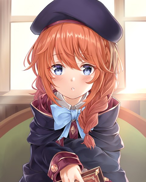 Anime picture 800x1000 with princess connect! re:dive princess connect! yuni (princess connect!) sayuuiede single long hair tall image looking at viewer blush fringe blue eyes hair between eyes indoors braid (braids) orange hair :o single braid girl beret