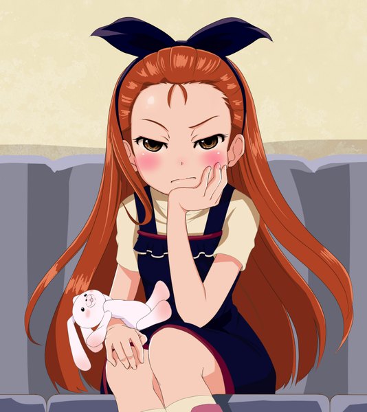 Anime picture 1497x1682 with idolmaster idolmaster (classic) minase iori yooguru (artist) single long hair tall image blush brown eyes orange hair arm support loli girl bow hair bow toy stuffed animal bunny