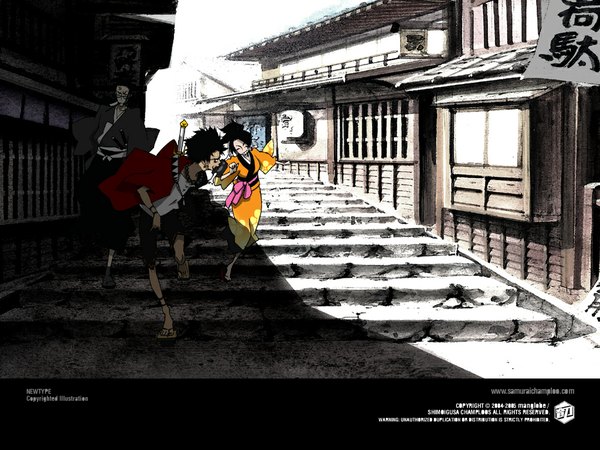 Anime picture 1024x768 with samurai champloo mugen (samurai champloo) jinnosuke fuu (samurai champloo) long hair short hair black hair japanese clothes running girl boy sword katana stairs road