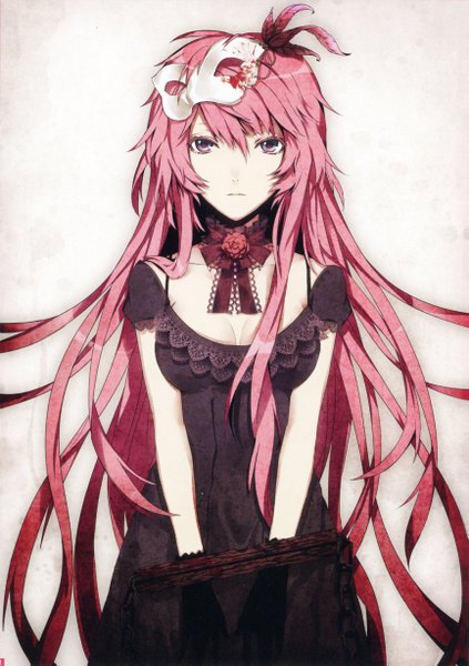 Anime picture 1729x2450 with vocaloid megurine luka arisaka ako single long hair tall image looking at viewer highres breasts blue eyes simple background standing pink hair very long hair mask on head girl dress gloves hair ornament flower (flowers)