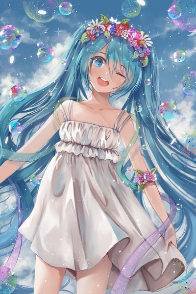 Anime-Bild 1563x2344 mit vocaloid hatsune miku z z single long hair tall image looking at viewer blush fringe open mouth smile hair between eyes twintails cloud (clouds) head tilt :d one eye closed aqua eyes wink aqua hair