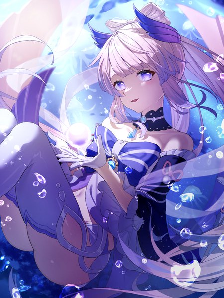 Anime picture 1200x1600 with genshin impact sangonomiya kokomi nage (sacosui ng) single tall image looking at viewer fringe light erotic purple eyes pink hair blunt bangs very long hair underwater girl thighhighs gloves detached sleeves white gloves detached collar bubble (bubbles)