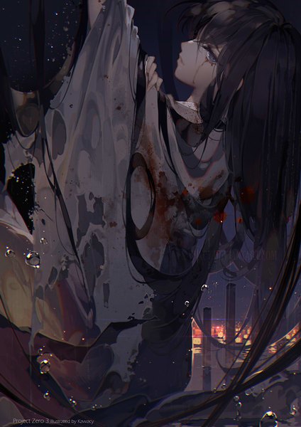 Anime picture 636x900 with fatal frame fatal frame 3 yukishiro reika kawacy single tall image looking at viewer fringe blue eyes black hair hair between eyes signed outdoors very long hair traditional clothes japanese clothes profile arm up night night sky