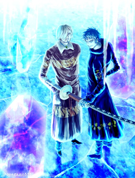 Anime picture 1000x1318 with one piece toei animation sanji trafalgar law oregano551 tall image looking at viewer fringe short hair open mouth blue eyes black hair blonde hair smile standing holding signed from above black eyes hair over one eye