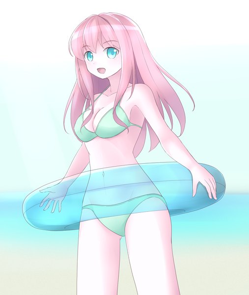 Anime picture 1100x1300 with original butatikin (artist) single long hair tall image looking at viewer breasts open mouth blue eyes light erotic bare shoulders pink hair midriff girl navel swimsuit bikini swim ring