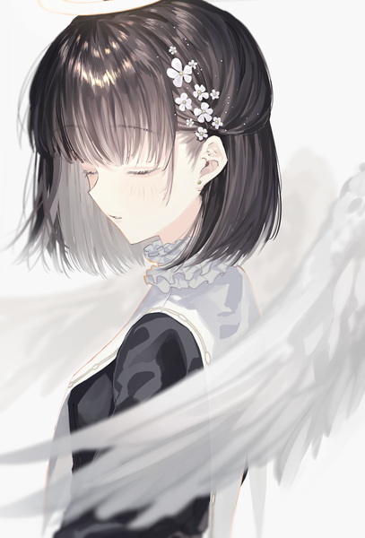 Anime picture 913x1346 with original naomasap single tall image blush fringe short hair black hair simple background upper body blunt bangs eyes closed parted lips hair flower angel wings white wings angel girl flower (flowers) earrings