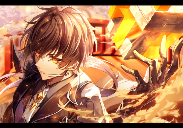 Anime picture 1000x700 with genshin impact zhongli (genshin impact) urashima (hidoro mgmg) single long hair fringe hair between eyes brown hair brown eyes looking away upper body from above letterboxed low ponytail boy gloves single earring cube