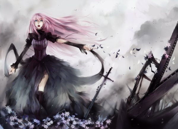 Anime picture 1200x870 with vocaloid megurine luka matsunaka hiro long hair open mouth blue eyes pink hair wind singing girl dress flower (flowers) weapon detached sleeves sword black dress