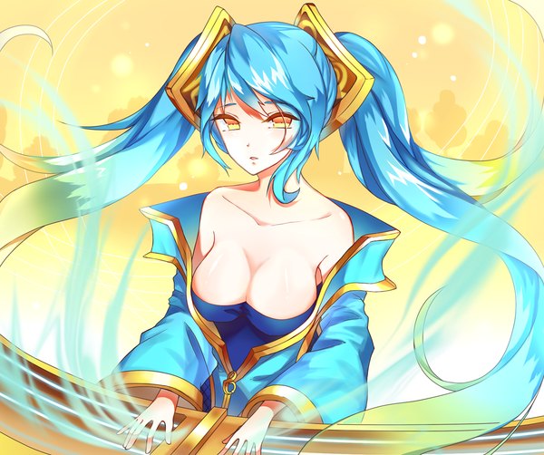 Anime picture 1222x1024 with league of legends sona buvelle nemu (pixiv 6789858) single long hair looking at viewer breasts light erotic twintails bare shoulders yellow eyes multicolored hair girl dress musical instrument harp