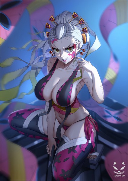 Anime picture 1500x2122 with kimetsu no yaiba ufotable daki (kimetsu no yaiba) shadow cat single long hair tall image looking at viewer breasts light erotic smile large breasts silver hair ponytail from above grin facial mark gradient hair shaded face squat