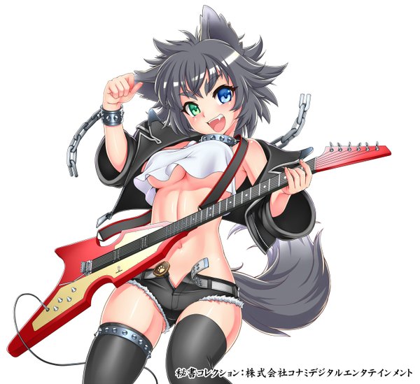 Anime picture 1420x1300 with gochou (kedama) single light erotic black hair smile animal ears tail animal tail inscription open clothes open jacket official art teeth fang (fangs) heterochromia shiny skin underboob skindentation eyebrows wolf ears