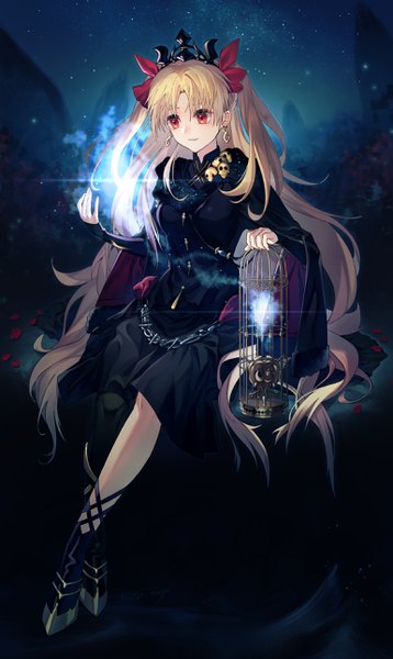 Anime picture 1540x2576 with fate (series) fate/grand order ereshkigal (fate) haizome senri single long hair tall image fringe blonde hair red eyes sitting holding looking away full body parted lips night two side up night sky crossed legs asymmetrical legwear