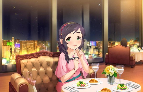 Anime picture 1280x824 with idolmaster idolmaster cinderella girls idolmaster cinderella girls starlight stage yao feifei single long hair looking at viewer blush open mouth black hair sitting green eyes girl dress flower (flowers) food headband