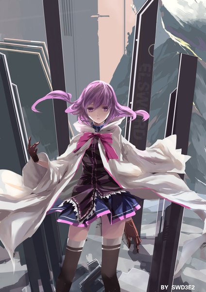 Anime picture 1417x2007 with elsword aisha landar elemental master (elsword) swd3e2 single long hair tall image looking at viewer fringe open mouth standing purple eyes twintails purple hair arms up text girl thighhighs skirt gloves