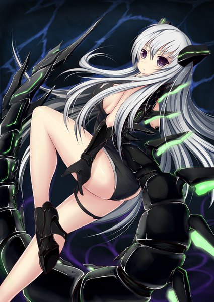 Anime picture 1053x1488 with original zheyi parker single long hair tall image light erotic purple eyes silver hair tail monster girl girl dress gloves