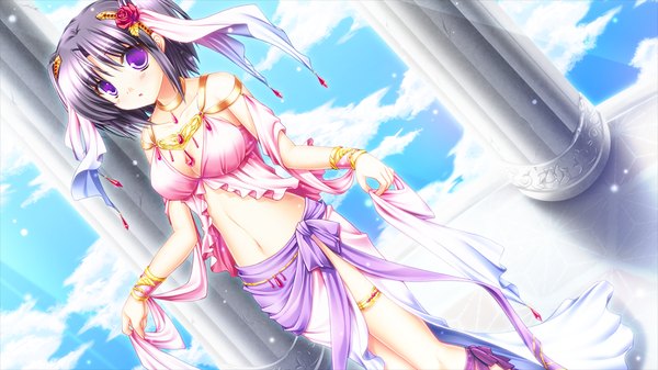 Anime picture 1024x576 with fortuna rhapsody short hair black hair wide image purple eyes game cg cloud (clouds) midriff girl navel hair ornament jewelry