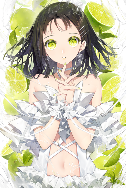 Anime picture 2183x3243 with original sogawa single long hair tall image looking at viewer fringe highres black hair standing bare shoulders green eyes nail polish parted lips interlocked fingers green nail polish girl navel earrings choker