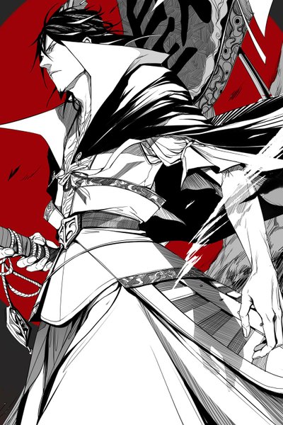 Anime picture 1000x1500 with magi the labyrinth of magic a-1 pictures ren kouen cp .ieng single tall image short hair black hair standing traditional clothes from below monochrome pale skin red background boy weapon sword katana cloak beard