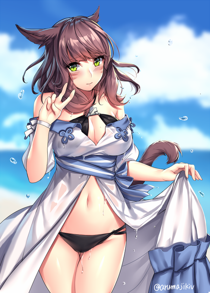Anime picture 575x800 with final fantasy final fantasy xiv square enix miqo'te aruma jiki single long hair tall image looking at viewer blush breasts light erotic brown hair large breasts green eyes signed animal ears sky cloud (clouds) tail