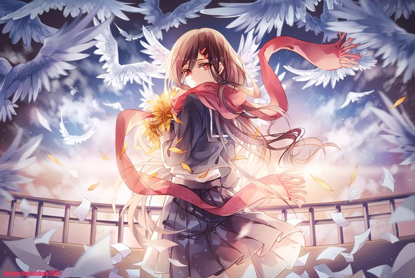 Anime picture 1500x1007 with kagerou project shaft (studio) tateyama ayano instockee single long hair looking at viewer fringe red eyes brown hair standing holding pleated skirt looking back from behind back flying girl skirt uniform