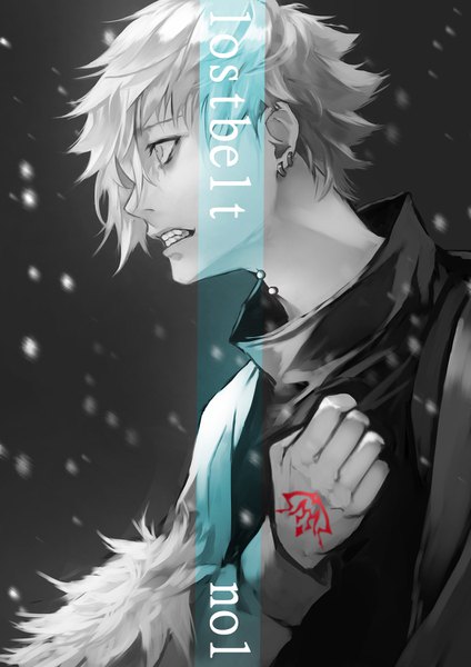 Anime picture 1060x1500 with fate (series) fate/grand order kadoc zemlupus yoshio (55level) single tall image short hair looking away profile tattoo text monochrome snowing english clenched teeth spot color boy