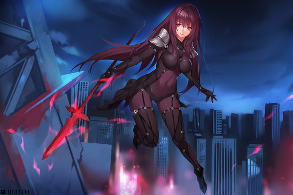 Anime picture 2250x1500 with fate (series) fate/grand order scathach (fate) (all) scathach (fate) yykuaixian single long hair looking at viewer highres breasts light erotic red eyes purple hair girl gloves weapon black gloves bodysuit