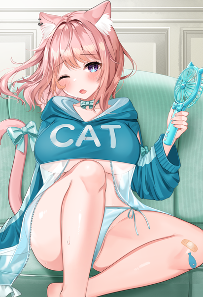 Anime picture 1029x1500 with original katsushika pachi single tall image looking at viewer blush fringe short hair breasts open mouth blue eyes light erotic large breasts sitting holding animal ears pink hair bent knee (knees) indoors tail
