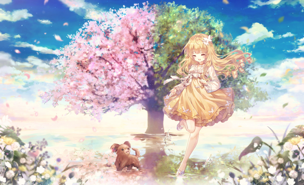 Anime picture 5000x3049 with original mini single long hair blush fringe highres open mouth blonde hair wide image standing absurdres sky cloud (clouds) bent knee (knees) outdoors blunt bangs eyes closed long sleeves wind