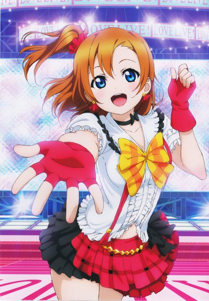 Anime picture 4872x7002 with love live! school idol project sunrise (studio) love live! kousaka honoka murota yuuhei single long hair tall image looking at viewer highres open mouth blue eyes red eyes absurdres scan orange hair one side up girl skirt gloves